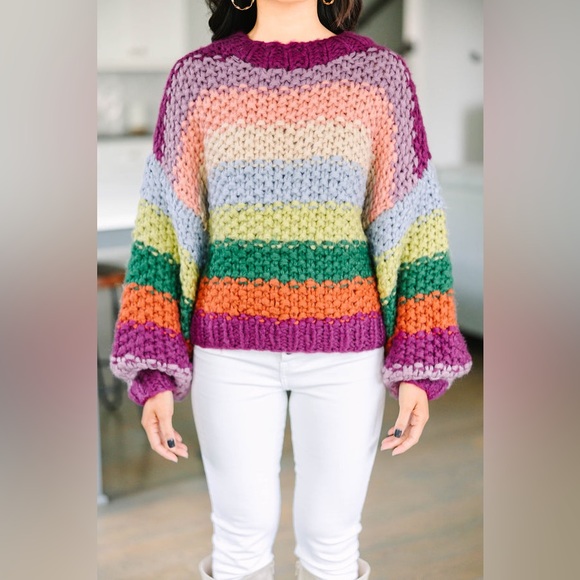 Chunky Knit Rainbow Striped Long Sleeve Knit Sweater by Entro Boutique - Picture 6 of 14
